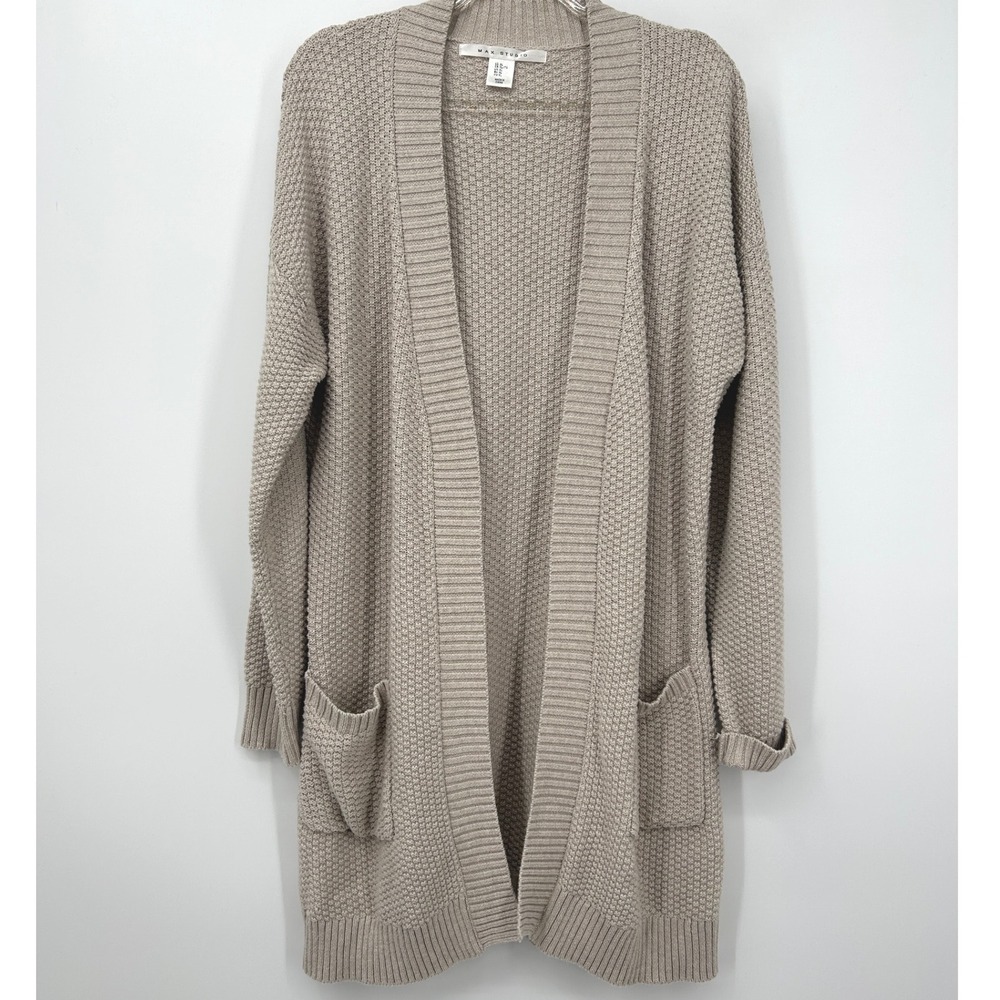 Max Studio Womens XL Taupe Beige Waffle Knit Open Front Longline Cardigan Pocket - Picture 2 of 5